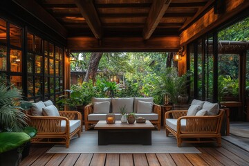 Wall Mural - interior view of a cozy room with soft lighting, featuring comfortable chairs and a table on a wooden terrace, designed for relaxation and inviting atmosphere