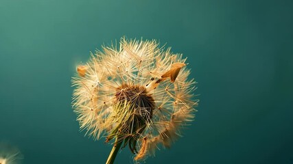 Wall Mural - Dandelion Wishes: A single dandelion seed head, fluffy and white, stands out against a vibrant turquoise background.  The delicate seeds, ready to be carried by the wind.