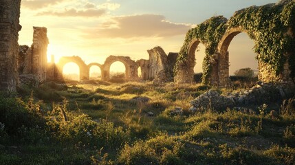 Canvas Print - Sunset illuminates ancient ruins overgrown with vegetation.