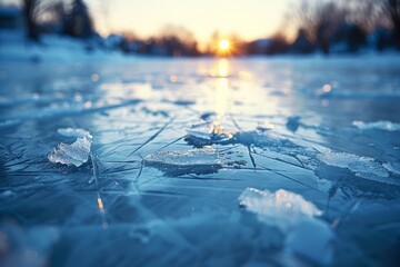 Poster - Close-up view of cracked ice surface with sparkling ice crystals at sunset. Blurred background with warm light reflection.