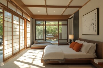 Canvas Print - Serene Modern Bedroom Design with Shoji Screens and Garden View