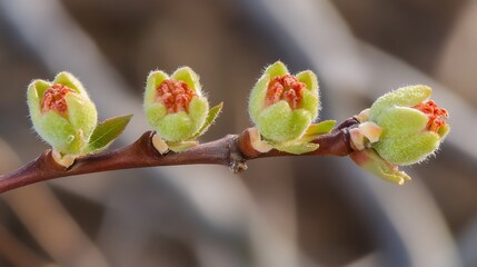 Poster - Four young unripe fruits of apricot growing on a tree in early spring