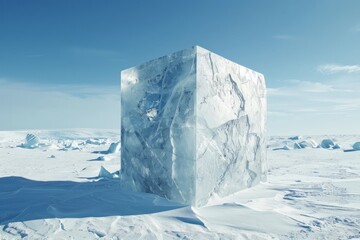 Poster - Large iceberg floating in icy waters with distant snowy mountains under a bright blue sky. Arctic landscape.