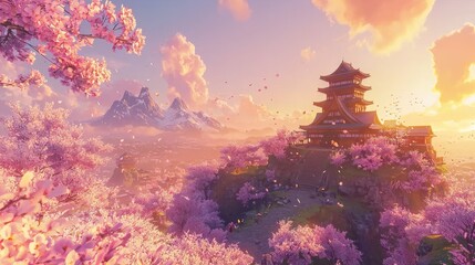 Wall Mural - Sunrise over a Japanese castle amidst cherry blossoms.