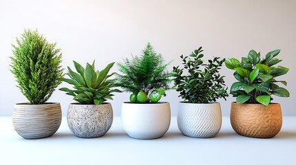 Wall Mural - Five potted plants in decorative containers sit on a white surface