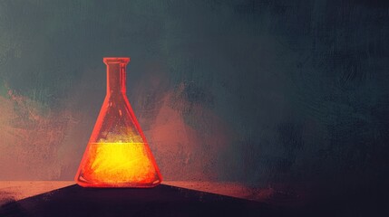 glowing liquid in an erlenmeyer flask on dark background.