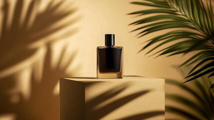 Black glass bottle of men's perfume on a beige podium with shadows from palm leaves