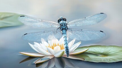 Wall Mural - Blue dragonfly perched on a white water lily.