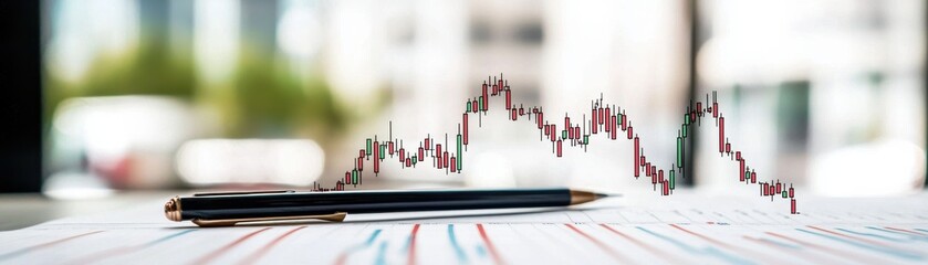 Wall Mural - A close-up of a financial chart on paper, with a pen beside it, showcasing trends and data analysis in a modern office setting.