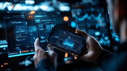 Futuristic Tech Interface: Data Analysis on Smartphone and Screen