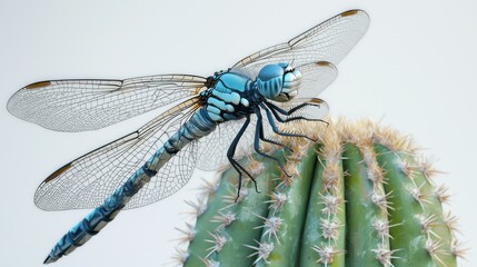 Wall Mural - Blue dragonfly perched on a cactus.