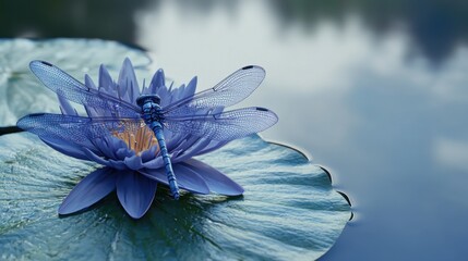 Wall Mural - Blue dragonfly resting on a purple water lily.