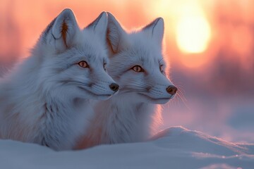 Wall Mural - majestic arctic fox family playing in pristine snow landscape, northern lights dancing in pastel col