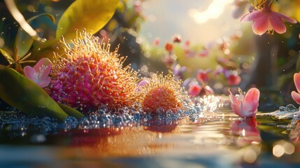 Wall Mural - Sparkling rambutan fruits in a vibrant floral stream.