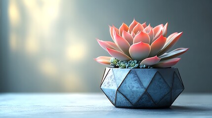 Wall Mural - Pink succulent in a geometric blue pot on a table