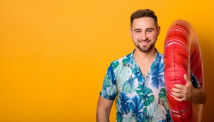 Smiling young man in a tropical shirt holding a red and white inflatable ring against a yellow background. His joyful expression and relaxed pose embody the carefree spirit of summer vacations.