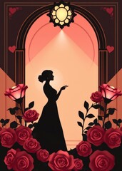 Wall Mural - Romantic couple silhouette with roses love dating intimacy love heart valentine vector romantic valentines backdrop