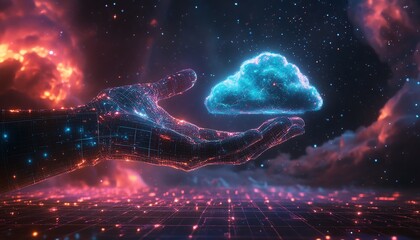 A futuristic robotic hand cradling a glowing cloud under a starry night sky, with a glowing grid pattern on the ground below