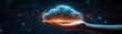© Itsaree  - A robotic hand holding a glowing cloud in the midst of a starry night sky, with a glowing grid beneath, symbolizing innovation and energy