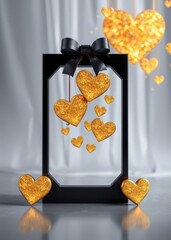 Wall Mural - Modern black present with sparkling golden hearts on a sleek silver backdrop love heart valentine vector romantic valentines backdrop