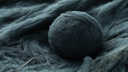 Close-up of a dark, textured wool ball resting on a soft, fuzzy background with natural elements