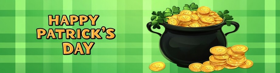 St. Patrick's Day Garden Flag with Pot of Gold, Rainbow, Coins, and Text on Green Checkered Background