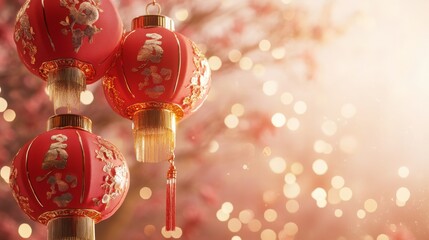 Wall Mural - Chinese New Years, Three red lanterns hanging from a tree