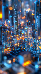 Leinwandbilder - Skyscrapers rising from a circuit board, illuminated by orange and blue lights, symbolizing a smart city powered by technology