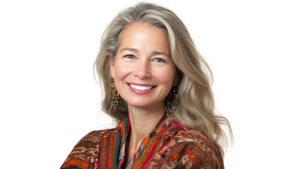 Smiling woman with long hair and colorful ethnic attire, isolated on a white background, expressing warmth and confidence.