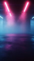 Aufkleber - Pink and blue neon lights casting vibrant glow in smoky underground space, creating mysterious and futuristic atmosphere