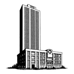 Wall Mural - skyscraper building with multi story extension black and white outline line art drawing