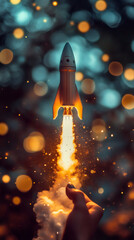 Poster - Hand launching miniature rocket with blurred lights in background, concept of startup, innovation and new technologies