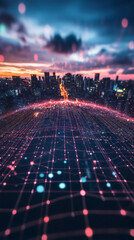 Poster - Futuristic network connecting a smart city skyline at dusk, symbolizing data transmission and internet of things