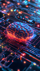 Leinwandbilder - Glowing AI brain illuminating complex motherboard, representing advanced machine learning and technological innovation