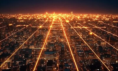Wall Mural - night city network, glowing lines, data flow, urban landscape, technology concept