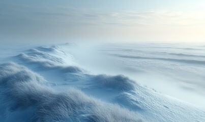 Poster - Snowy landscape, frosted grass, misty horizon.