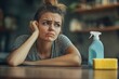 © rahwik - Woman displeased because of cleaning at home. Housewife sitting at table with sponge and detergent spray bottle, looking away, and thinking about housework with dissatisfied uncertain face expression