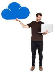 Wall Mural - png cheerful man using laptop and a cloud computing icon, transparent background