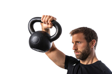 A man lifting a kettlebell in a press movement, concentration and form emphasized, promoting fitness and dedication in minimalist athletic surroundings. Isolated on a transparent background