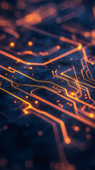 Fototapete - Complex electronic circuit board with glowing orange lines forming an intricate network, symbolizing advanced technology and connectivity