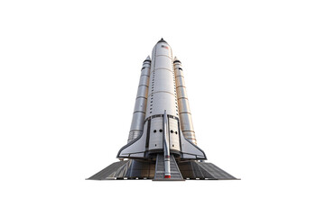 a towering white rocket on a structured launch platform, ready for an imminent liftoff into the unkn