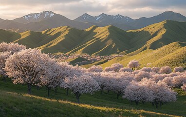 Wall Mural - Spring blossoms in a valley, hills, mountains.