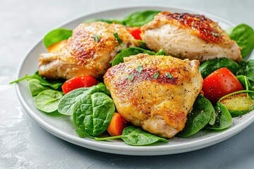 A delicious chicken salad with spinach and other nutritious greens, served in a light bowl for a healthy meal.