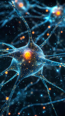 Poster - 3d rendering of a neuron transmitting nerve impulses in a dark background with glowing dots
