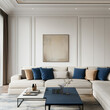 © Md - Contemporary minimalist living room with blue and beige furniture, white walls