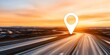 © Yan - A blurred highway scene with a sunset, featuring a large location pin symbol superimposed in the center. Concept Blurred Highway Scene, Vibrant Sunset, Location Pin Symbol, Travel Inspiration