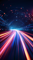 Fototapete - Light trails creating speed motion blur effect inside a digital data tunnel, suggesting rapid acceleration into the future