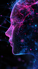 Poster - Digital neural network forming humanoid face through interconnected data points, symbolizing advanced machine learning technology