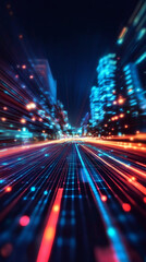 Aufkleber - Light trails and grid pattern forming futuristic technology background with blurred city lights