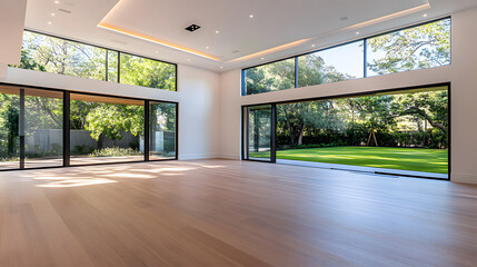 Fototapete - Spacious modern interior with large windows and a view of the garden